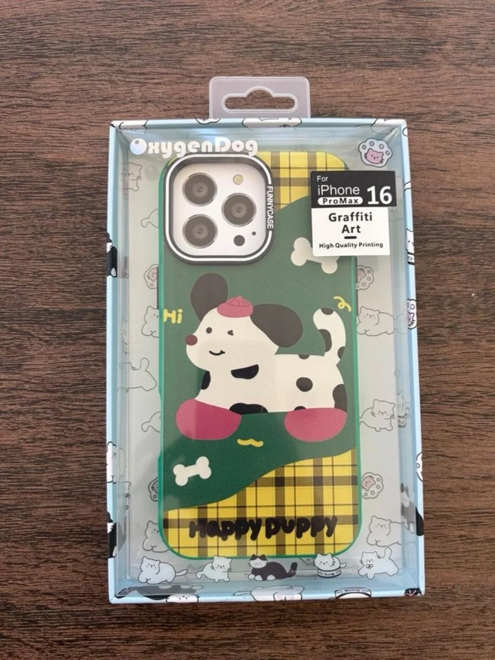 Green 'Happy Puppy' Dog Graphic iPhone 16 Pro Max Case
